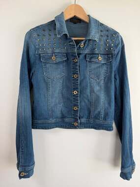 Fire Los Angeles Womens Studded Denim Jean Jacket Blue Cotton Stretch Y2K Size L